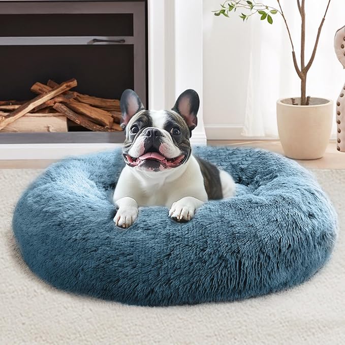 JOLLYVOGUE Calming Dog Bed Medium Size Dog, Anti-Anxiety Donut Medium Pet Bed, 31 inches Fluffy Faux Fur Round Cat Bed, Fits up to 45 lbs Pets (Blue)