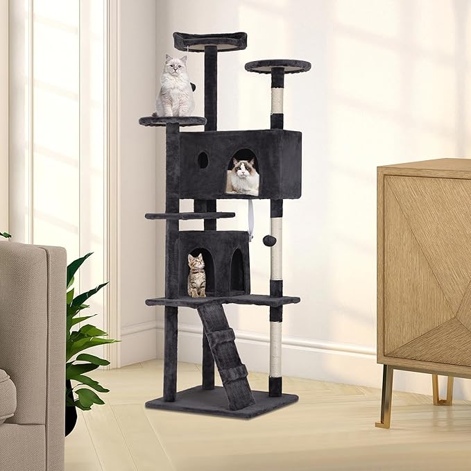 70 Inch Dark Gray Cat Tree, Tall Cat Tower with 2 Condos, 3 Scratching Posts, Multi-Level Platforms - Sturdy Climbing Structure Tall Cat Tower for Indoor Cats