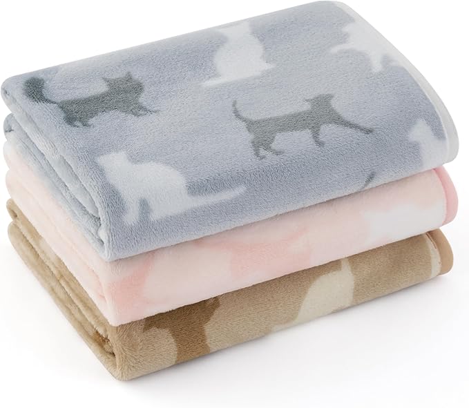 Bedsure 1 Pack 3 Pet Blankets, Super Soft Fluffy Premium Fleece Flannel Portable Throw Dog Blankets for Small Dogs, Printed Cat Puppy Blanket Pink/Grey/Brown Small(20x30 inch)