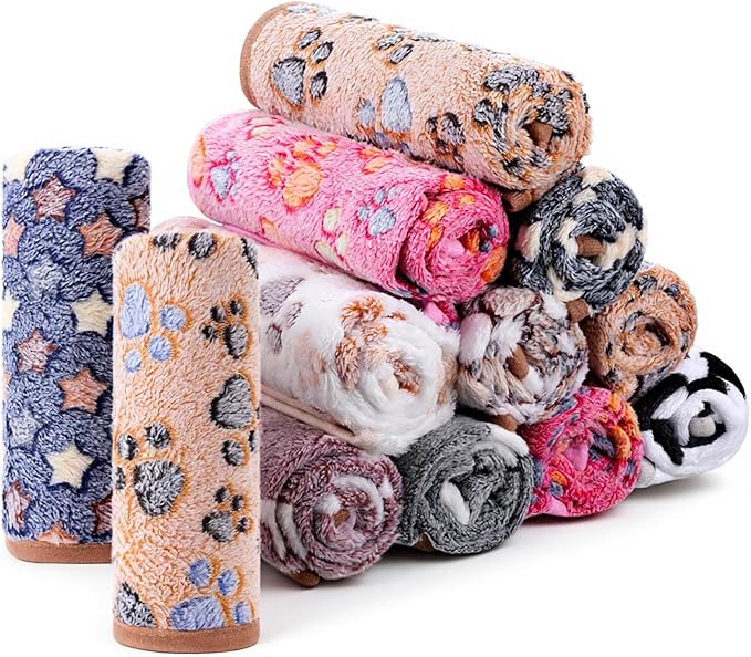 SHENLIU 18 Pcs Fleece Pet Blanket, 9 Style Small Fleece Pet Blanket Soft Warm Sleep Mat Fluffy Cute Puppy Supplies Paw Star Print Design Bed Blankets for Dog Cat Kitten Animals