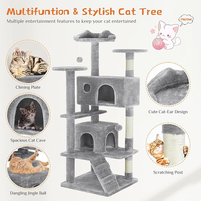 Sweetcrispy 54 Inch Cat Tree Tower, Multi-Level Tower with Cat Scratching Post, Indoor Cat Condo with Climbing Ladder, Plush Toy, Play House for Cat, Light Grey
