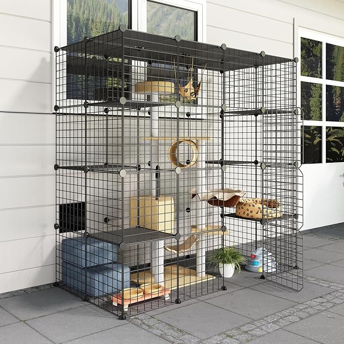 Oneluck Outdoor Cat House Cat Cages Enclosure with Super Large Enter Door, Balcony Cat Playpen with Platforms,DIY Kennels Crate Large Exercise Place Ideal for 1-3 Cats (55L x 28W x 55H)
