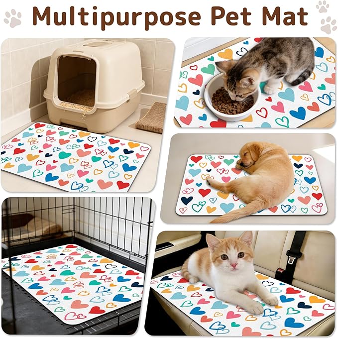 Dog Food Mat for Bowls, Absorbent Quick Dry Dog Cat Mats for Food and Water, Non-Slip Backing Pet Mat Pet Supplies - Heart Pattern