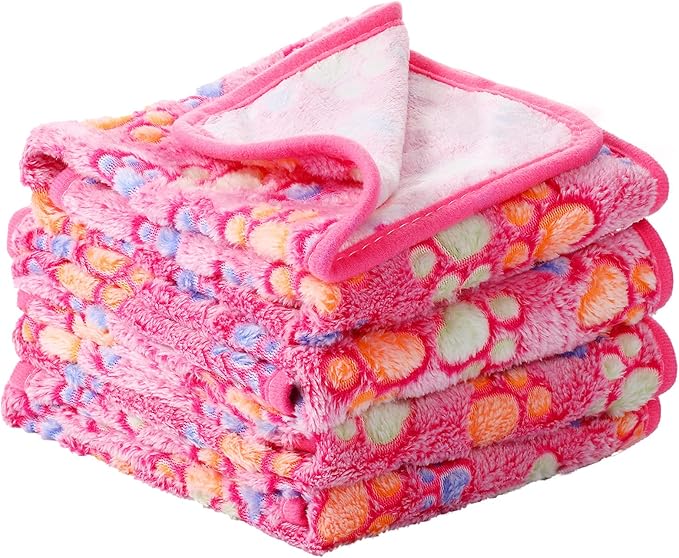 Tatuo 4 Pcs Dog Blanket for Pet Cat Blankets Indoor Puppy Teething Stuff Toys Paw Print Fleece Soft Blanket Sleep Mat for Guinea Pig Cage(Pink,Medium(30 x 20.5 Inch),Square)