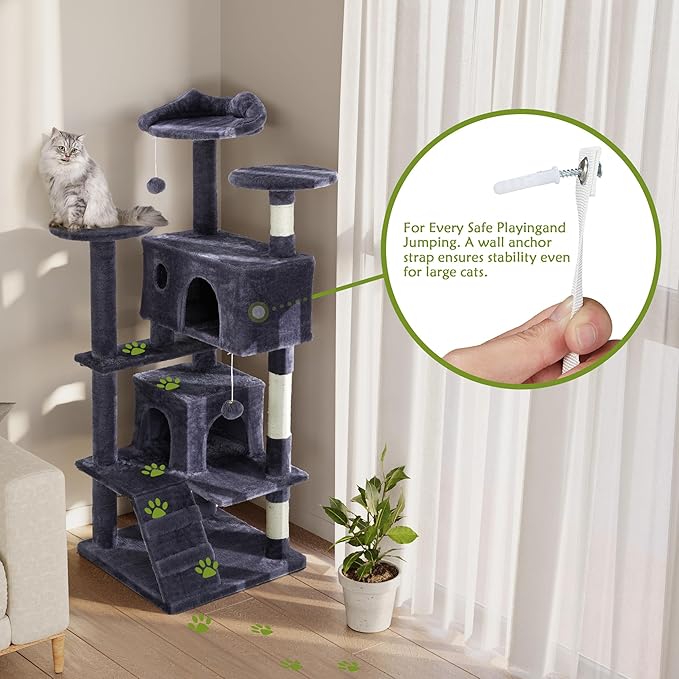 54 Inches Cat Tree Tower Condo Furniture, Multi-Level Cat Tower Condo Activity Center for Indoor Cats, Climbing Tree Cat House Padded Plush Perch, Kittens Pet Play House with Pom-pom, Pink