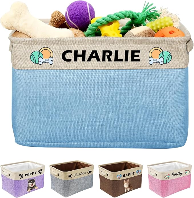 Personalized Dog Toy Storage Basket Custom Collapsible Toy Bin with Pet's Name and Photo-Rectangular Storage Organizer for Dog' Toys Clothing Blankets
