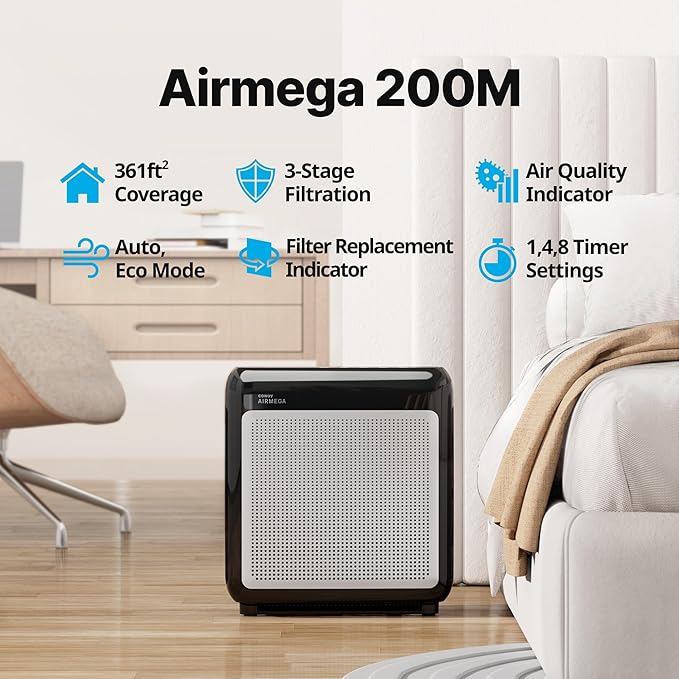 COWAY Air Purifiers for Home Up to 1,748 ft², HEPA Filter for Smoke, Allergies, Pet Dander, Odor, Air Quality Monitor, Auto & Eco Mode, Timer, Filter Indicator, 3yr Warranty, Airmega 200M Black