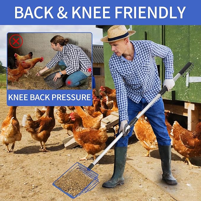 Jonkehai Chicken Poop Scooper 6inch Metal Chicken Litter Scoop Extendable Metal Cat Litter Scoop 23 to 42" Long Chicken Coop Litter Scoop Litter Sifting Shovel Chicken Coop