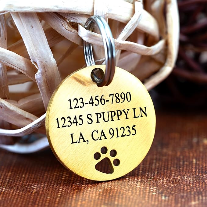 Ultra Joys Dog Tags Personalized for Pets - Hollow Paw Custom Pet ID Tag - Engraved Dog Tag for Small, Large Dogs - Small Round in Gold