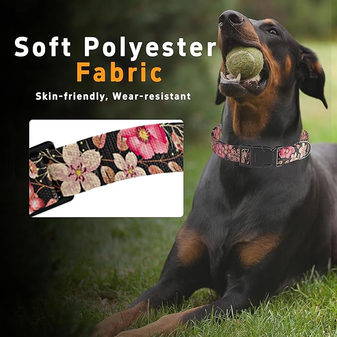 Dog Collar for Boys & Girls, Puppy Collar for Small to Large Dogs, Adjustable Soft Floral Pattern Pet Collar with Safety Buckle for Male & Females (Red, L)