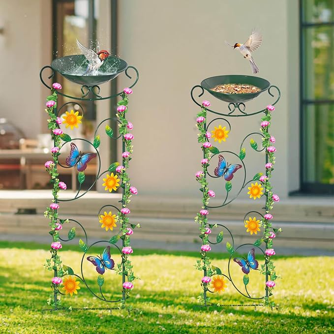 HONGLAND Metal Bird Bath with Trellis, 35" Outdoor Garden Birdbath with Detachable Bowl & Climbing Plant Support, Decorative Bird Feeder Station with Butterflies for Yard, Patio, Fence