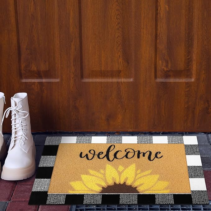 Tinideya 2 Pcs Summer Door Mat Sunflower Welcome Non Slip Coir Mats Floral Buffalo Plaid Floor Layering Doormats for Home Front Door Porch Entryway Decor