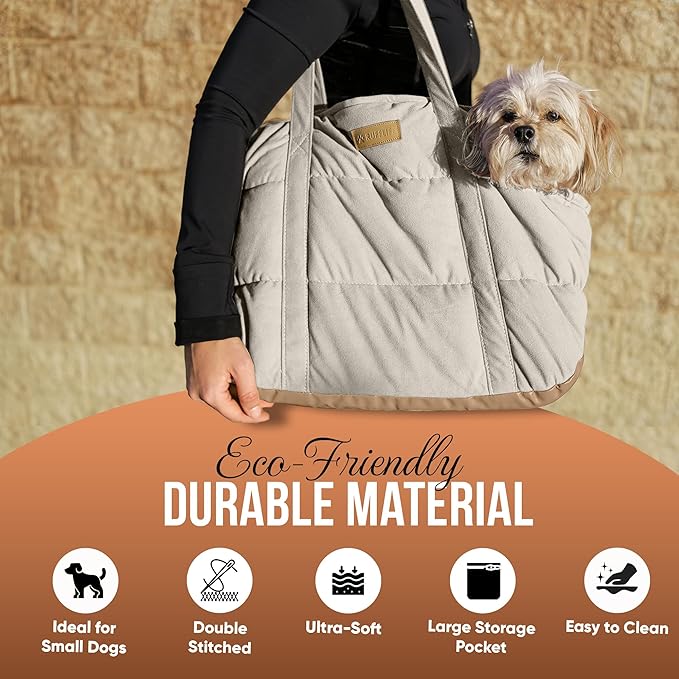 NoblePup Plush Dog Purse Carrier for Small Dogs, Soft Tote Bag with Safety Harness Clip, Cozy Pet Carrier for Dogs Under 15 lbs, Comfortable Dog Shoulder Carrier for Travel, White 2.0