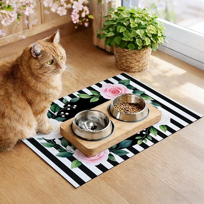 Pet Feeding Mat 24" x 16" Floral Stripe Welcome Design Non Slip Dog Food Mat and Cat Food Mat Easy Clean Puppy Feeding Mat for Indoor Cats Large Pet Food Mat for Food Bowls