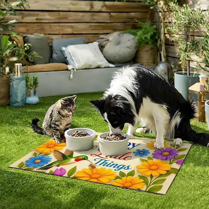 Hummingbird Pet Feeding Mat 24" x 16" Spring Design Non Slip Dog and Cat Bowl Mat Easy Clean Pet Food Mat Absorbable Pet Placemat for Dog and Cat Fast Dry Food Mat for Pet Bowls Cat