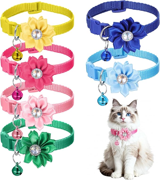 6 PCS Cute Cat Collar Breakaway with Bell, Adjustable Flower Girl Cat Collars, Rhinestone Kitten Collar Breakaway with Bells, Solid Color Cats Bell Collars, 6 Colors
