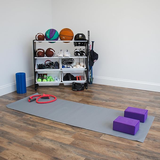 Humble Crew Jayden Sports Equipment Organizer with 2 Ball Racks and 4 Storage Bins – Black/White Rack for Home Gym, Garage & Kids’ Gear, Holds Balls, Bats, Rackets & More