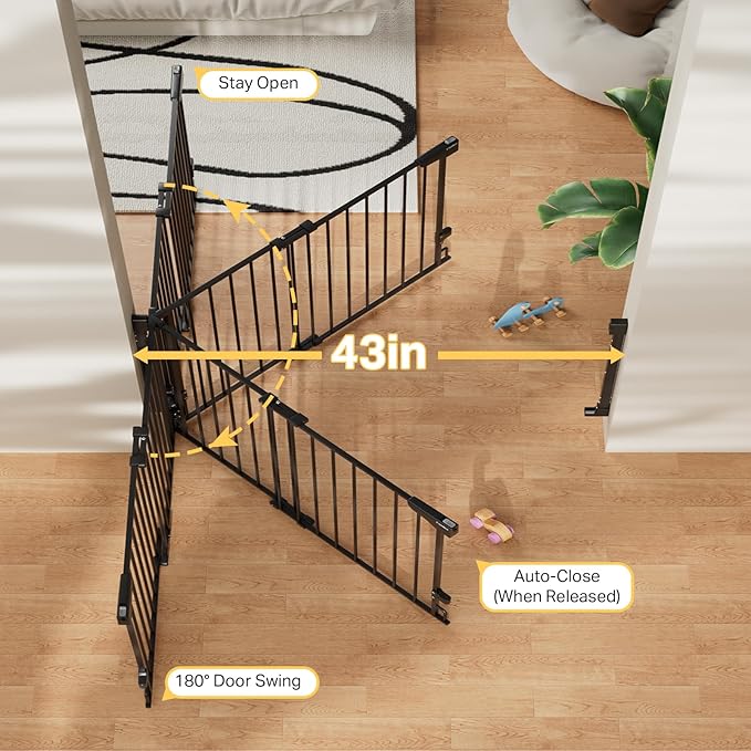 Cumbor 29.2–43" Baby Gate for Stairs, Wall-Mounted (Drill Required), Expandable No Bottom Bar Dog Gate, Auto Close Extra Wide Walk Thru, Pet & Toddler Proof Gate, Top & Bottom of Stairways(Black)