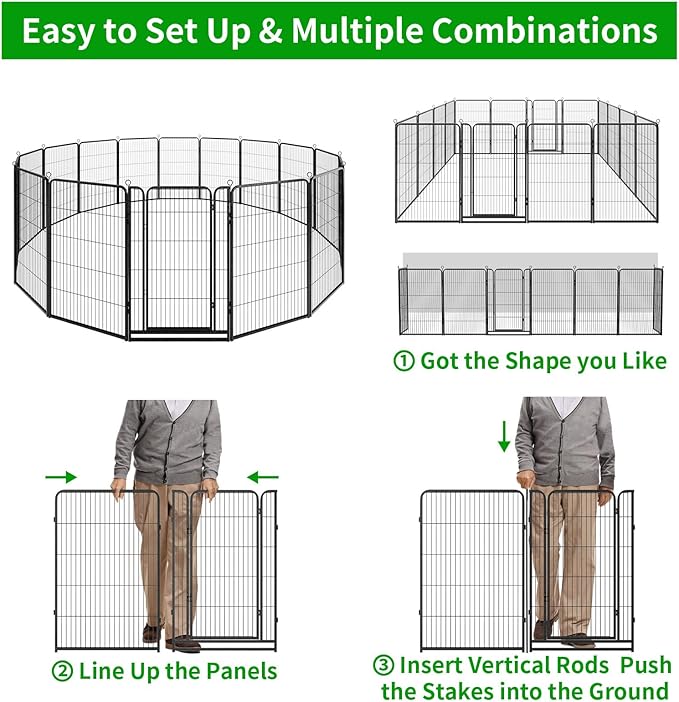 Dog Playpen Outdoor Extra Wide 16 Piece Panels Heavy Duty Dog Fence 47" Height Anti-Rust with Doors Portable for RV Camping Yard, Total 42FT, 140 Sq.ft, Snowy Black