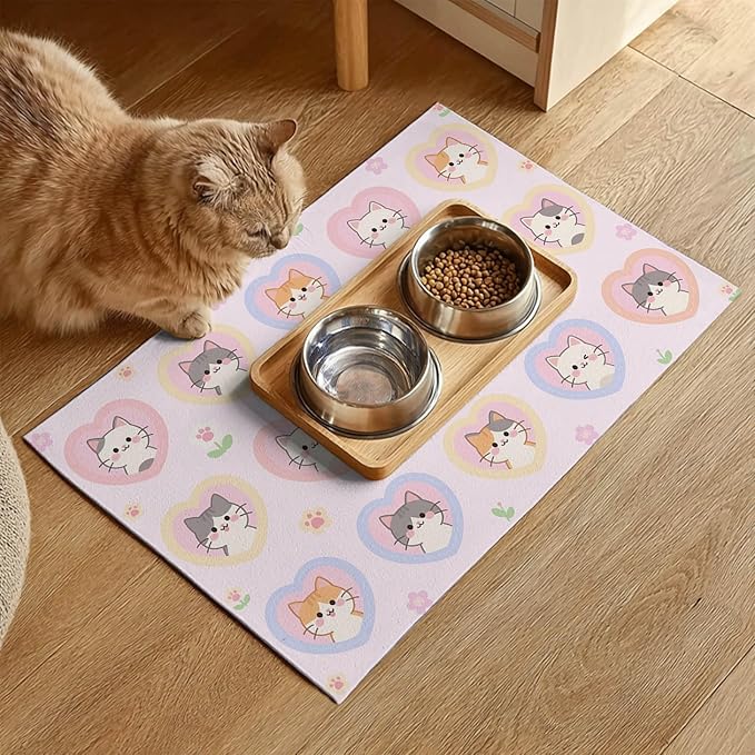 Cat Feedings Mats 20x12 inch Pink Heart Kitten Print Pet Bowl Placemat Non Slip Mat for Cats Food and Water Indoor Kitty Feeding Station Cute Cats Meal Mat for Small Pets Kitchen Floor Use
