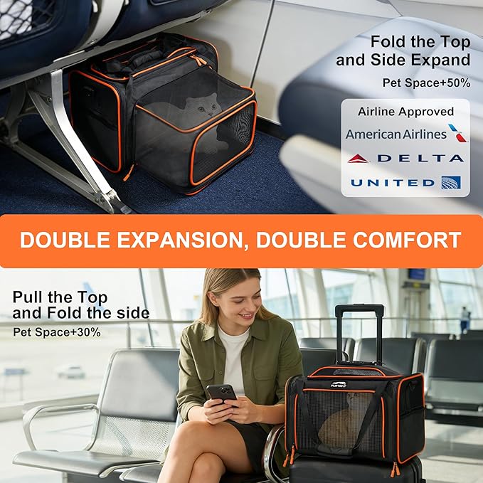 TSA Approved Expandable Cat Carrier with Top and Side, 16x11x11 Soft-Sided Pet Carrier for Small Cats and Dogs, Foldable Travel Carrier with Anti-Scratch Mesh and Safety Belt, Black
