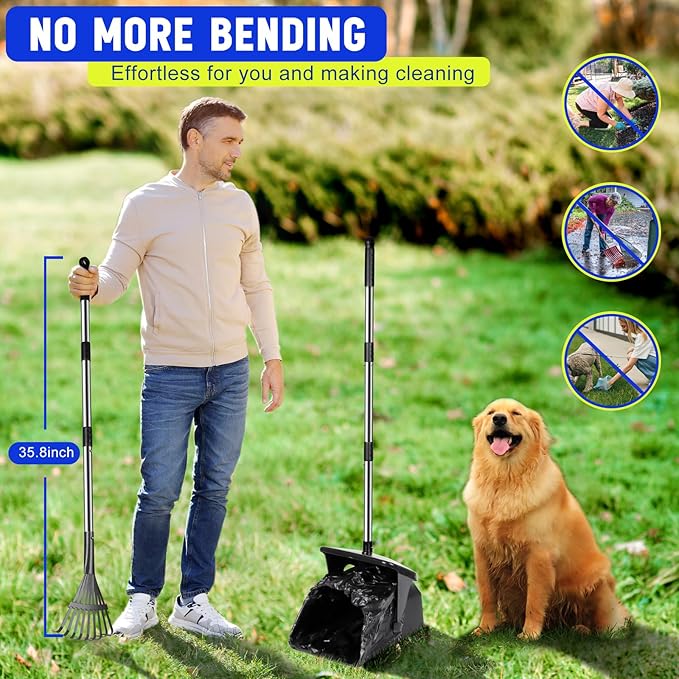 39.8'' Long Handle Dog Pooper Scooper with 20 Bag Attachment Heavy Duty Swivel Bin & Rake Pooper Scooper for Large Medium Dogs Easy to Clean Poop Scooper for Yard, Grass, Gravel
