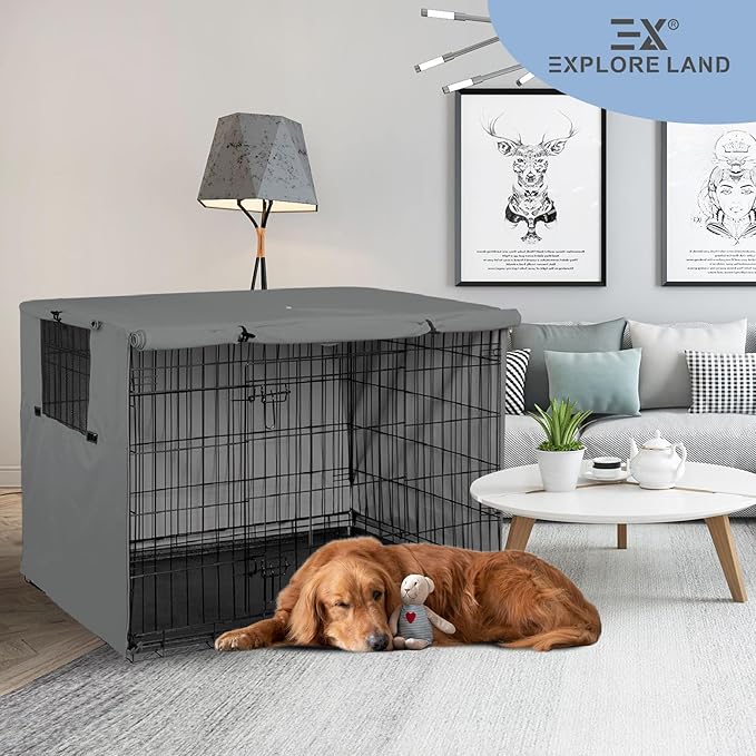 Explore Land Dog Crate Cover Heavy Duty Polyester Pet Kennel Sunshade Universal Fit for 42 inches Wire Cage (Grey)