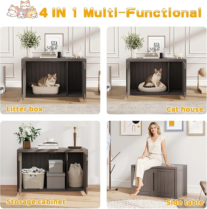 Cat Litter Box Enclosure, Multi-Functional Hidden Enclosed Litter Box Furniture with Adjustable Partition, Indoor Outdoor Cat House Weatherproof, Side Table, Easy to Clean & Assemble, Gray