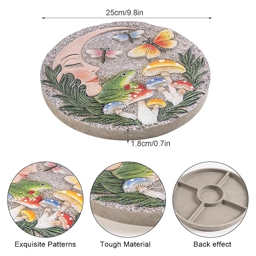Garden Stepping Stones Outdoor, 9.8" Resin Frog Stepping Stone with Moon Butterfly Mushroom, Spring Decorative Round Walkway Gardening Gifts Home Decor for Outside Yard Pathway Patio Lawn