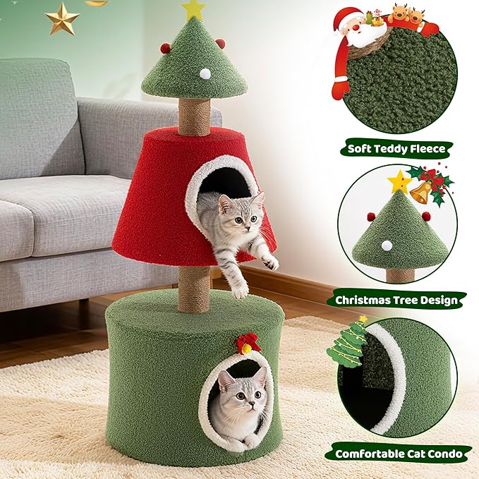 COSIEST 40in Tall Christmas Cat Tree Tower for Cats, Multi-Level Cat Tree House with Sisal Scratching Posts, Unique Kitty Condo & Kittens Play Activity Center for Christmas Decor, Red & Green