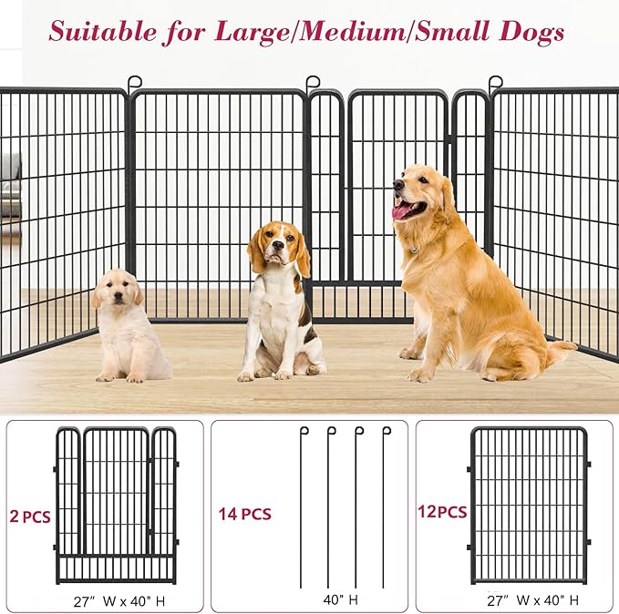 Dog Playpen, 40 inch 14 Panels Dog Pen Indoor Pet Dog Fence Outdoor for Yard Metal Puppy Playpen Pet Exercise Pen Rustproof Portable Dog Fence for RV Camping