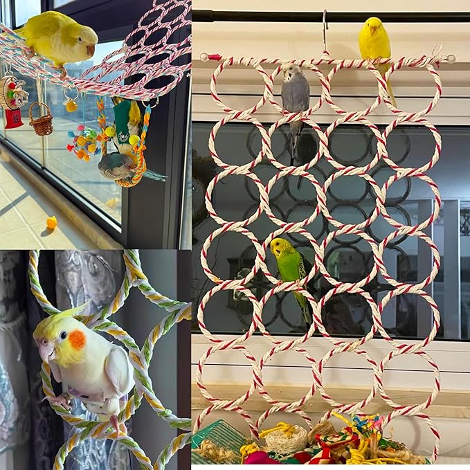 Bird Swing Climbing Rope Net Toys 14" x 24" Parakeet Hemp Rope Perch Swing Ladder Bridge Hanging Hammock Small Animal Activity Toy for Parrot Lovebirds Hamster Mice Rat Ferret (Random Color)(2 Pcs)