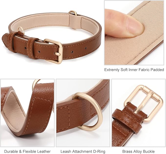 WHIPPY Leather Dog Collar for Small Medium Large Dog Adjustable Soft Breathable Leather Padded Puppy Collar with Alloy Buckle Heavy Duty Waterproof Classic Dog Pet Collar,Brown,S