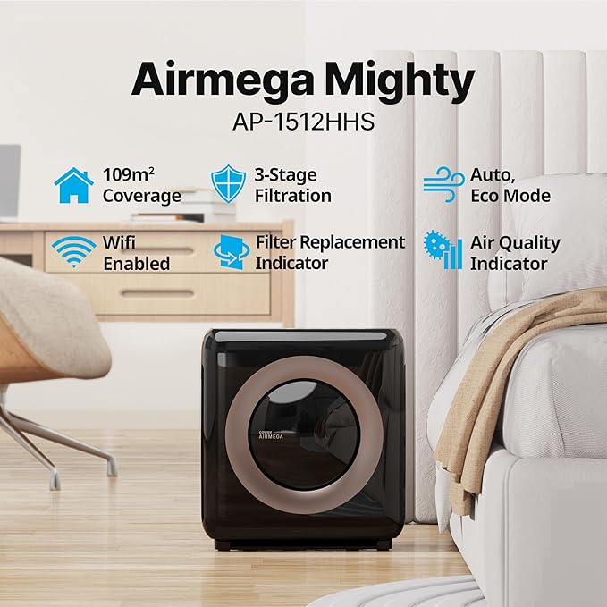 COWAY Air Purifier for Home Up to 1,575ft², App-Enabled Smart Technology, Compatible with Amazon Alexa, HEPA Filter for Smoke, Allergies, Odor, Auto Mode, Airmega AP-1512HHS Black
