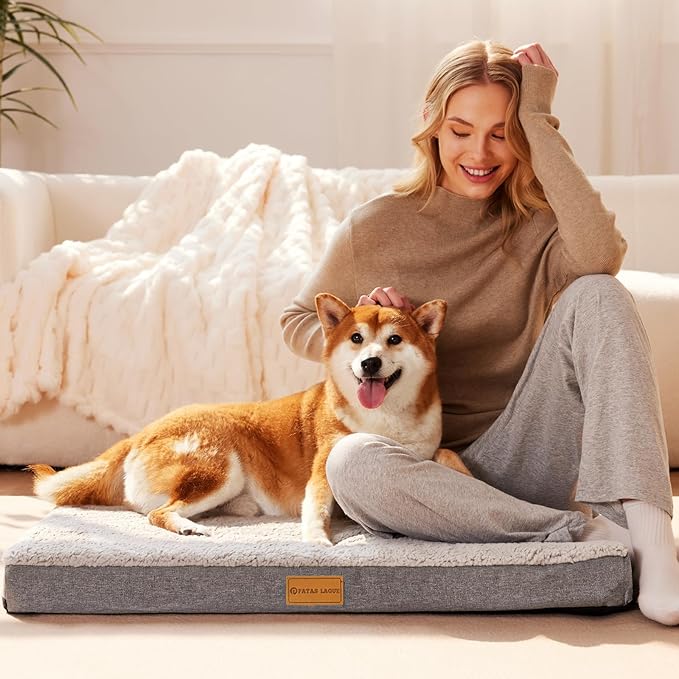 Patas Lague Orthopedic XL Dog Bed Large Sized Dog 48''X30'', Soft Waterproof Egg Crate Foam Large Pet Crate Beds Mat with Removable Washable Cover and Non-Slip Bottom, Ivory