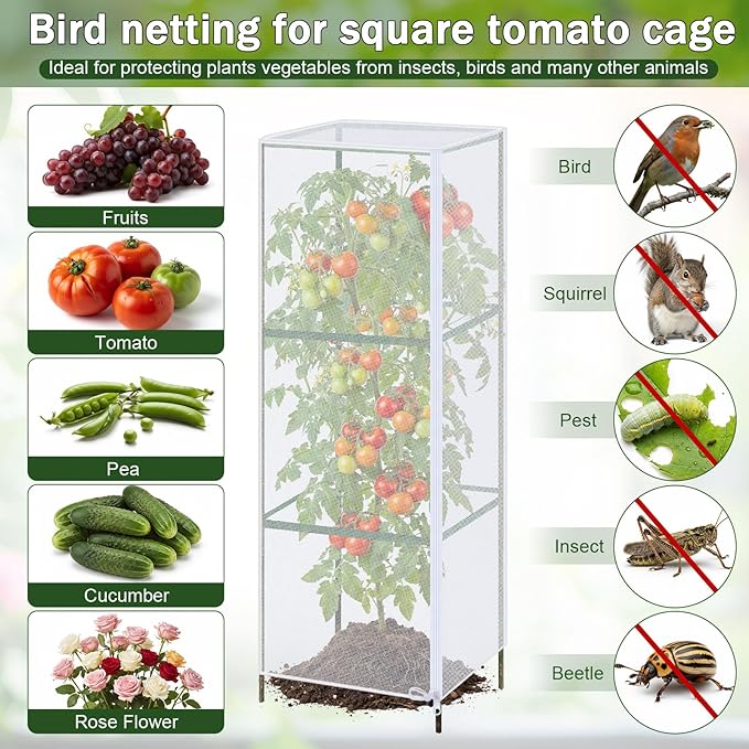 6 Pcs Garden Bird Netting Plant Cover for Square Tomato Cage 59" x 17.7'' Insect Bird Barrier Tomato Cage Net with Zipper & Drawstring, Plant Trellis Netting Protection Cover