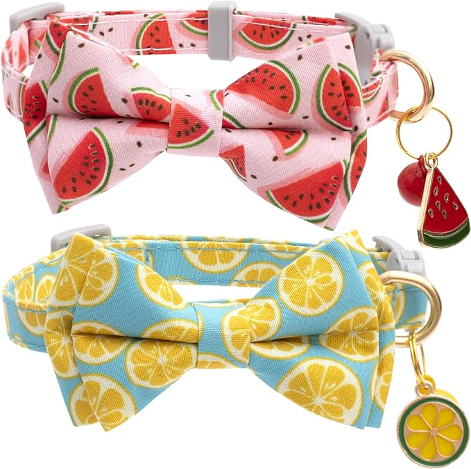 Faygarsle 2 Pack Cute Cat Collar with Bell Breakaway Bowtie for Male Female Cats Soft Fancy Pink Yellow Watermelon Lemon Pattern Spring Summer Cat Collar for Boy Girl Cats