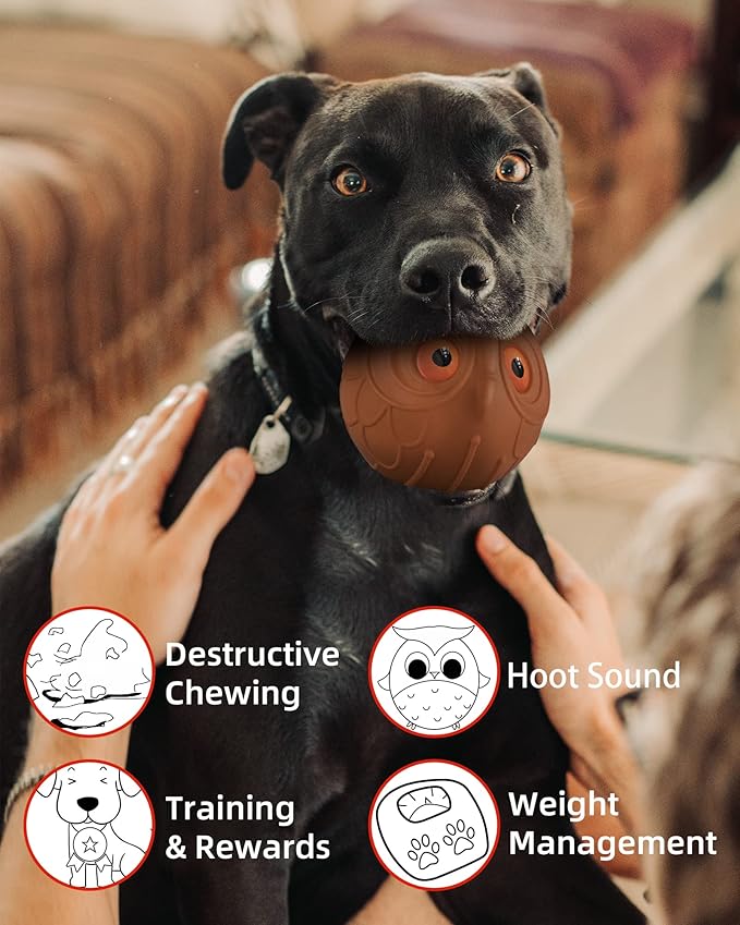 Mewlmart Giggle Ball for Dogs Owl Toys for Aggressive Chewers Dog Ball Toy for Puppy Medium Large Dogs Fun Gift for Dog Natural Rubber Cute Hoot Brown