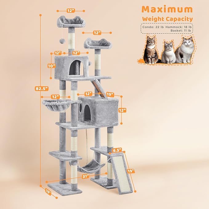 Yaheetech Cat Tree, 82.5in Large Tower w/Hammock, 2 Kitty-Ear Perches, 2 Cozy Condos, Scratching Posts, Basket, Furniture for Large Cats, Kittens, Light Gray