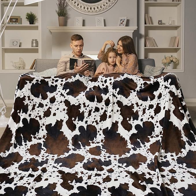 Bnuitland Brown Cow Print Blanket, Large Size 108x90 Inches with Storage Pouch, 300 GSM Double Sided Lightweight Fuzzy Decor, Super Soft Cozy Gift Flannel Fleece Blanket for Bed/Sofa/Couch/Outdoor