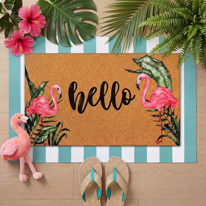 Tinideya 2 Pcs Summer Door Mat Flamingo Welcome Non Slip Coir Hello Mats Floor Layering Doormats Seasonal for Front Porch Entryway Decor(Brown Green White,Hello Flamingo)