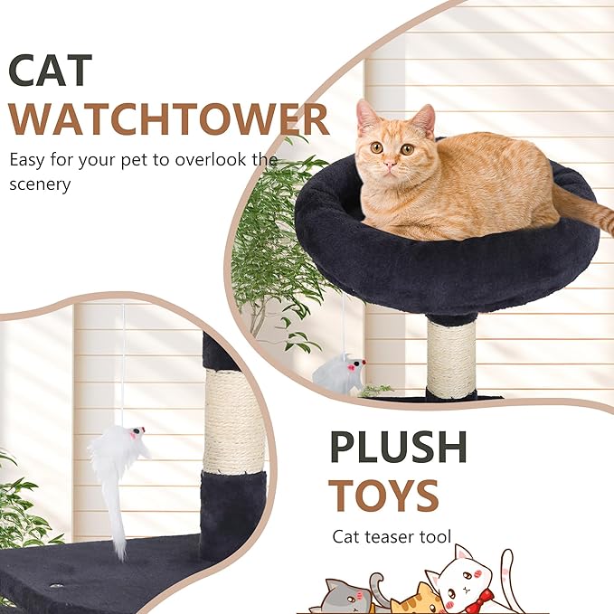 FDW | 36" Cat Tree Tower | Dark Gray | Multi-Level Indoor Activity Center with Sisal Scratching Posts, Condos, Plush Perches, Hanging Cat Toys | Sturdy, Easy to Assemble | for Kittens & Adult Cats
