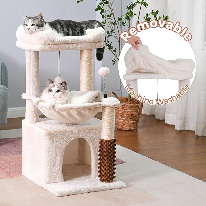 Cat Tree 32 Inches Small Cat Tree for Large Cats Adult Cat Tower with Scratching Post,15.7”Large Hammock and Self Groomer, and Removable Top Perch and Wide Condo for Indoor Cats-Beige