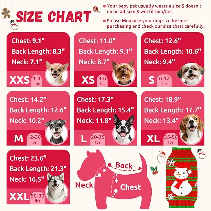 Dog Christmas Sweater Cute Snowman Puppy Cat Costume Boy Girls Xmas Holiday Pet Clothes New Year Outfits Gifts for Small Medium Large Dogs (S, Red Green Stripe Snowman)