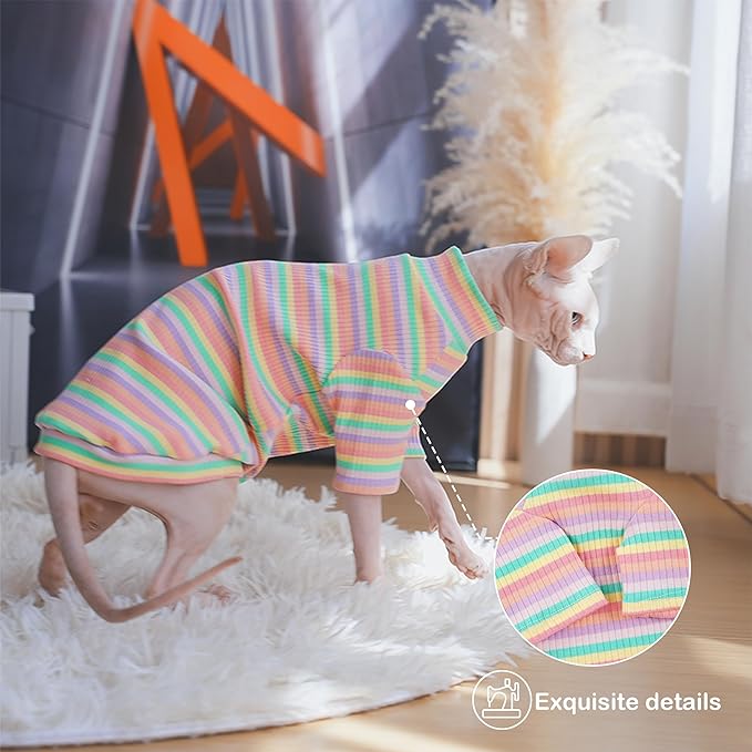 PUMYPOREITY Soft Hairless Cats Clothes - Rainbow Stretchy Cat Sweater, Pullover Jumpsuit, Turtleneck Outfit for Sphynx, Cornish Rex, Devon Rex, XS