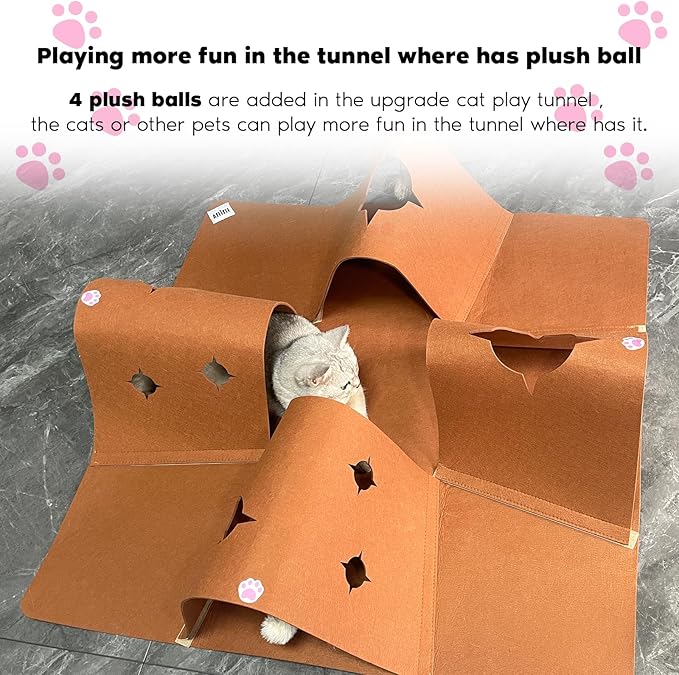 Interactive Cat Tunnel Mat for Indoor Cats, 4-Way Felt Cat Cave with Hanging Ball, Foldable Kitty Play Mat and Hideout, Pet Enrichment Toy for Kittens, Rabbits, Small Pets