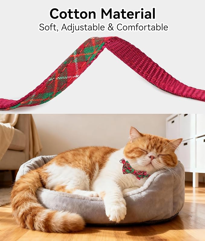 Joytale Upgraded Christmas Cat Collar with Bells, Breakaway Cat Collars with Bow Tie, 1 Pack Girl Boy Safety Plaid Kitten Collars, Red+Green Plaid