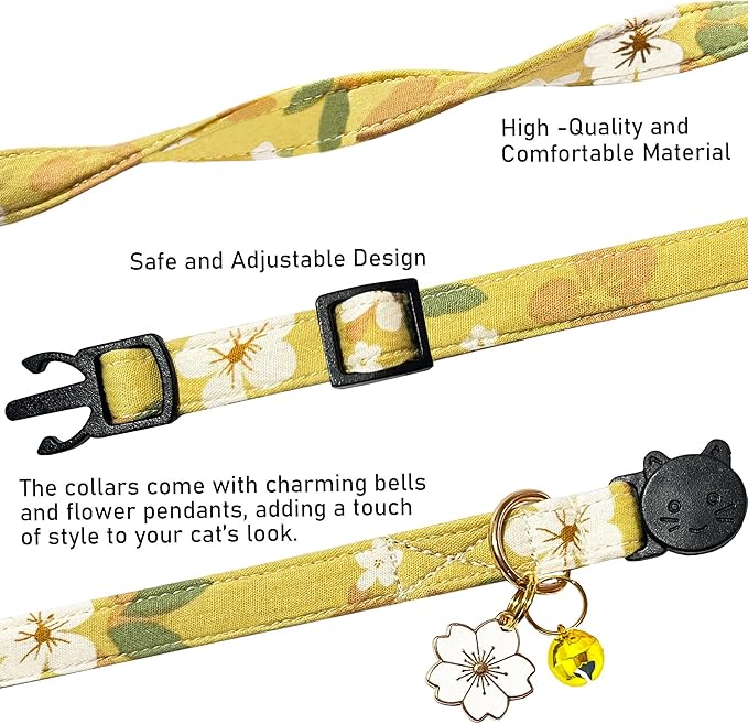 2 Pack Cotton Breakaway Cat Collars Set with Bell and Flower Pendant, Cute Floral Fruit Patterned, Adjustable 7.5-11Inch, Include A Mouse Toy Gift (Yellow+Navy Flower)