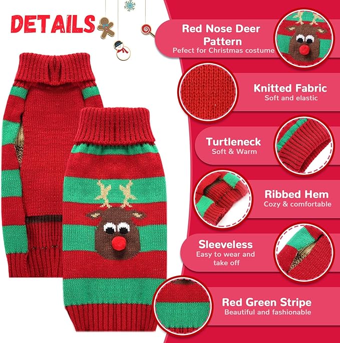 Dog Cat Christmas Sweater Boy Girl Ugly Reindeer Xmas Pet Clothes Holiday Puppy Costume New Year Gifts for Small Medium Large Dogs Outfits (M, Red Green Stripe Reindeer)