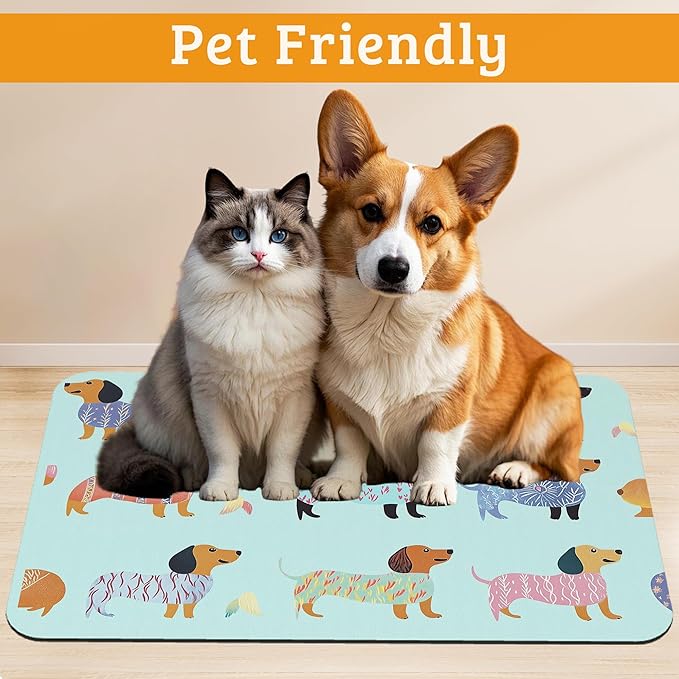 Dachshund Dog Cat Food Mat,Absorbent Waterproof Placemat for Food and Water Non Slip Rubber Backing Durable Feeding Pad for Clean Floors 16" x 24"